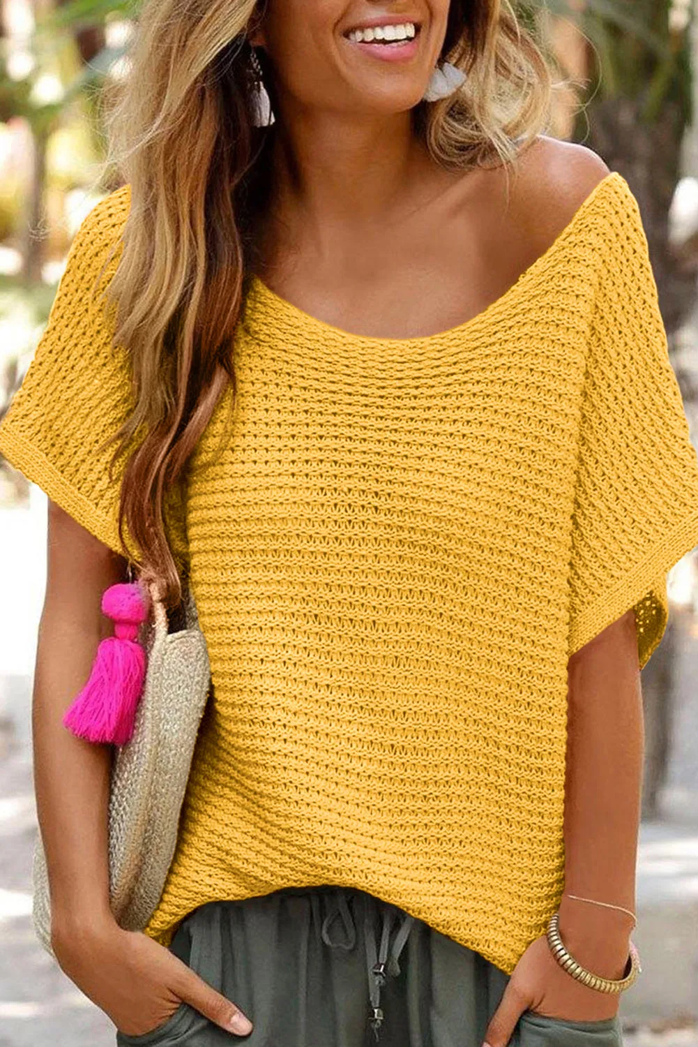 Ginger Plain Knit Loose Batwing Sleeve Sweater Blouse