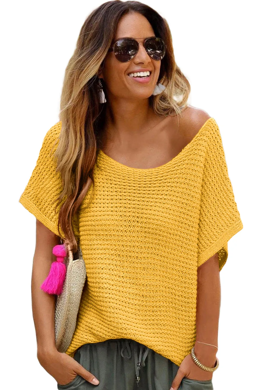 Ginger Plain Knit Loose Batwing Sleeve Sweater Blouse