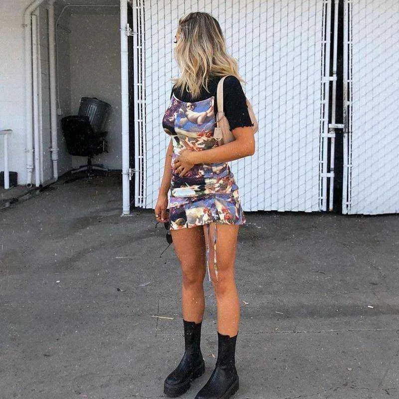 Goth Angel Print Sleeveless Bodycon Bandage Punk Sexy High  Waist Mini Dress