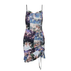 Goth Angel Print Sleeveless Bodycon Bandage Punk Sexy High  Waist Mini Dress