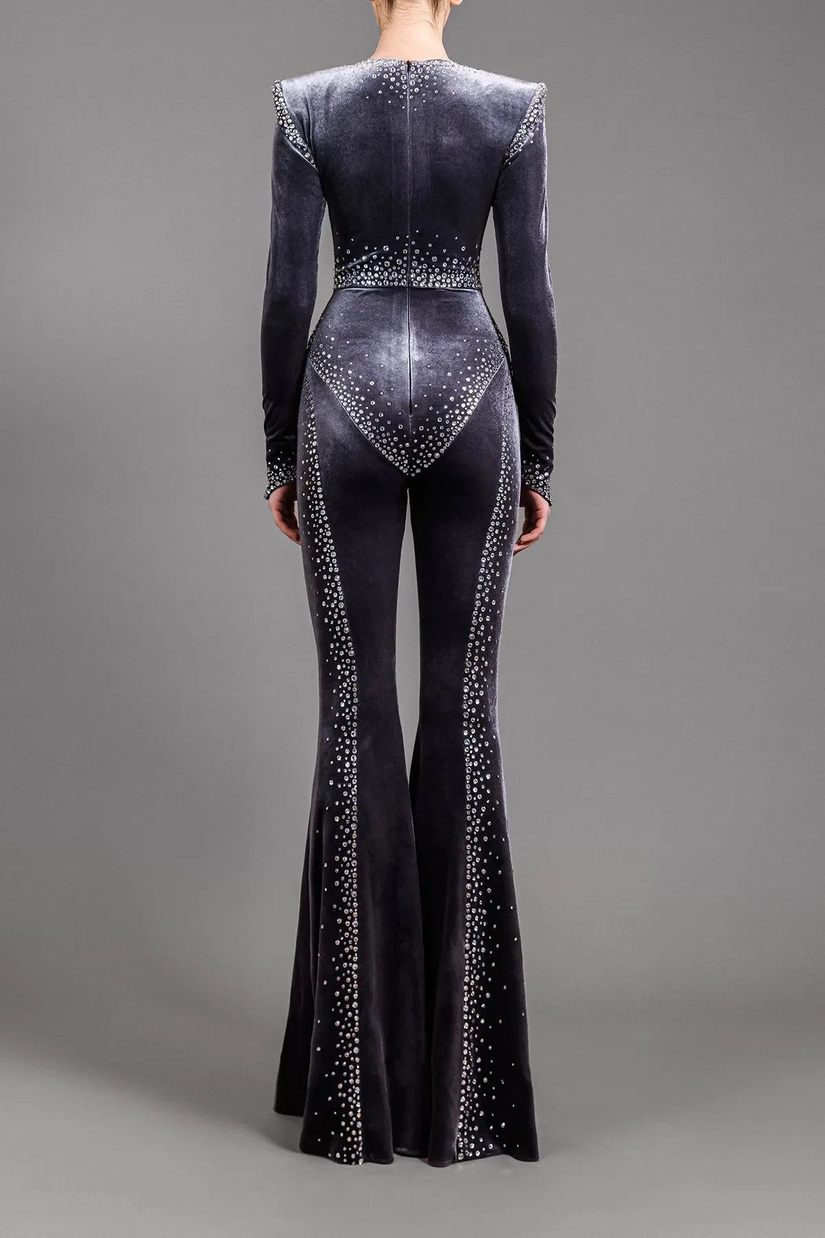 Grey velvet jumpsuit with crystal embroidery