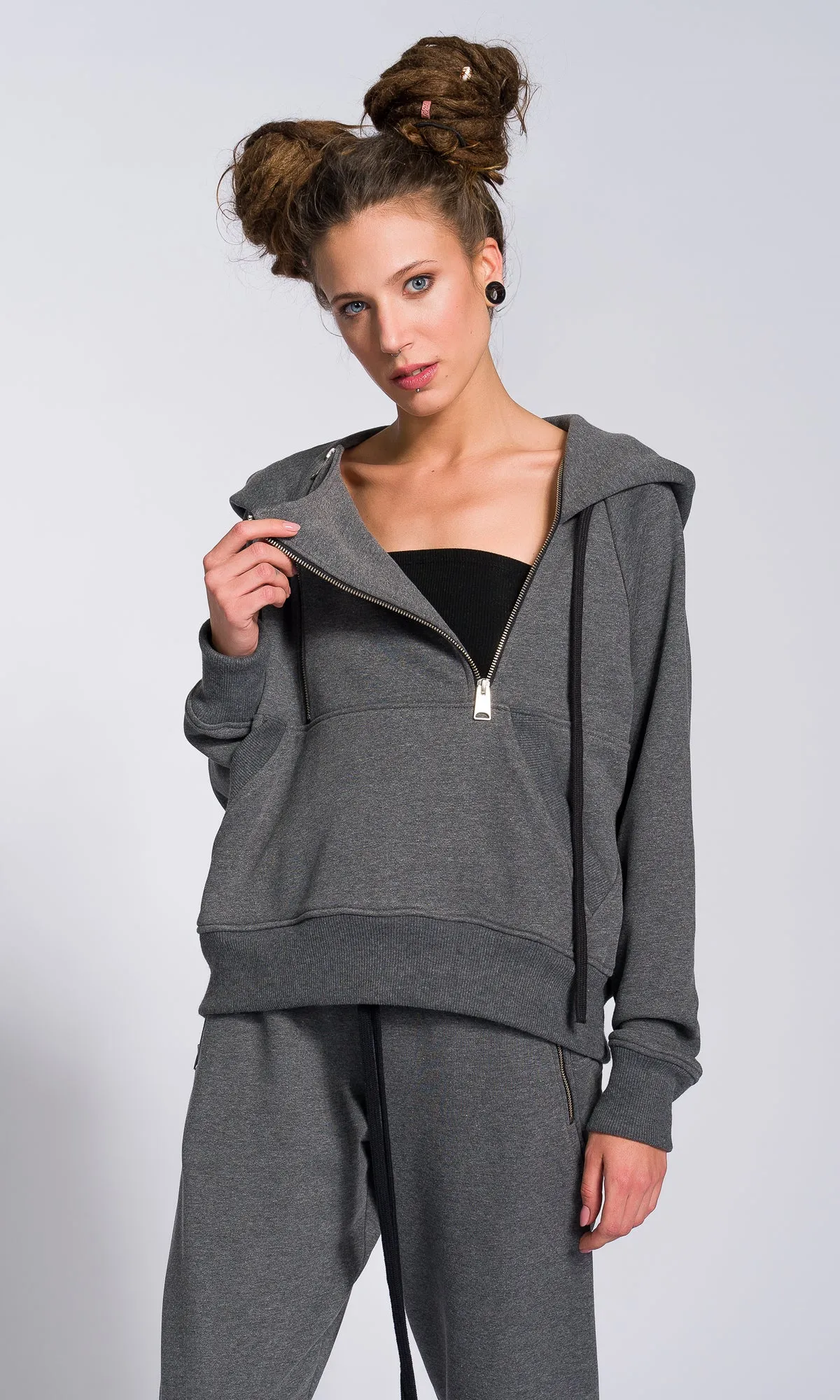 Hoodie with Zippered Drop Neckline