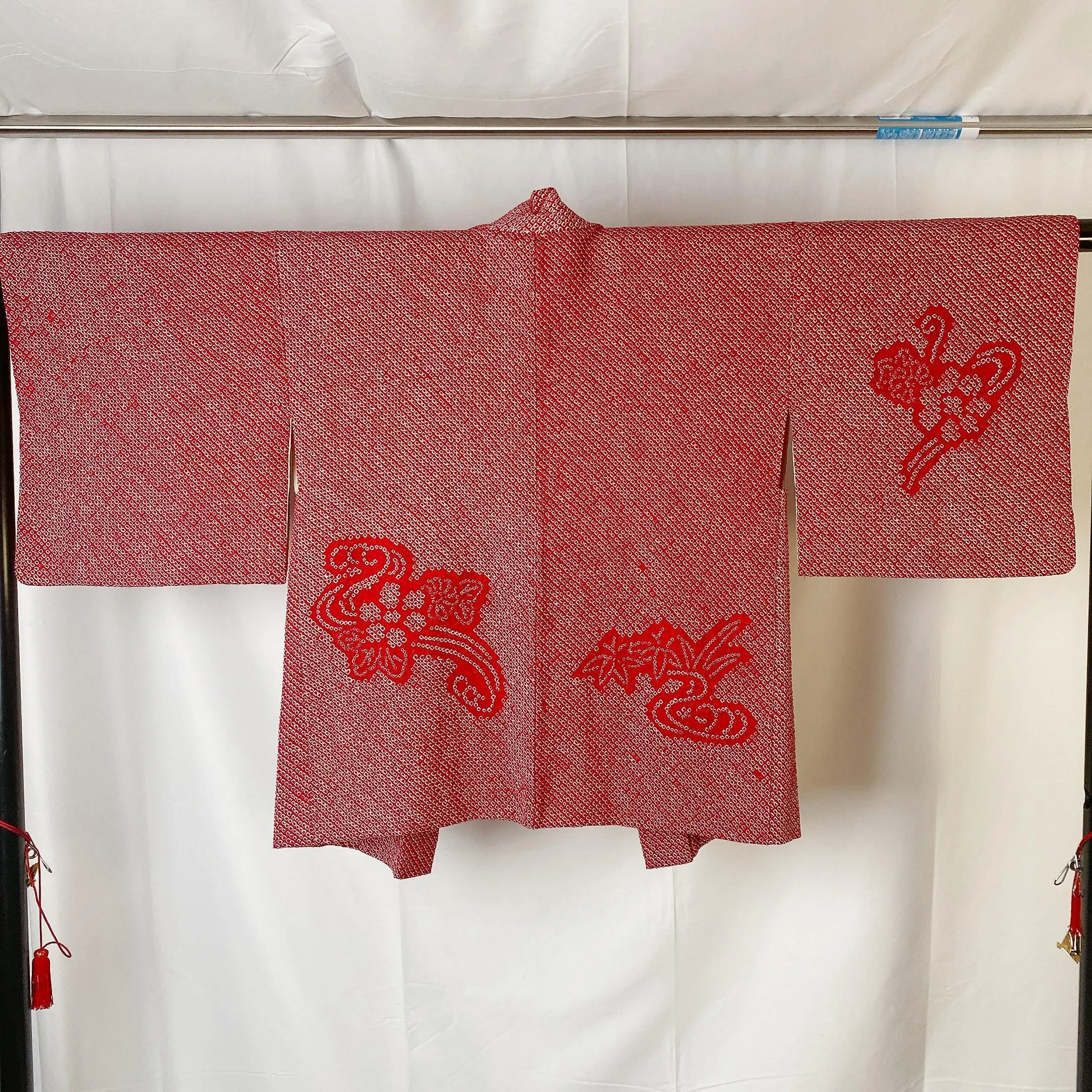 Japanese Vintage Kimono Haori, Shibori Red, Flower, Good, Cardigan, Women's Jacket, Silk Long outer, Casual Layer, Versatile -C