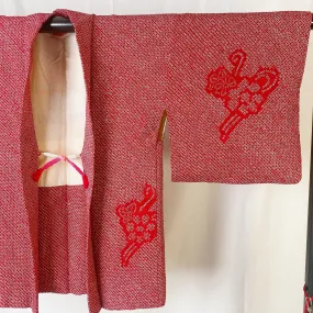 Japanese Vintage Kimono Haori, Shibori Red, Flower, Good, Cardigan, Women's Jacket, Silk Long outer, Casual Layer, Versatile -C
