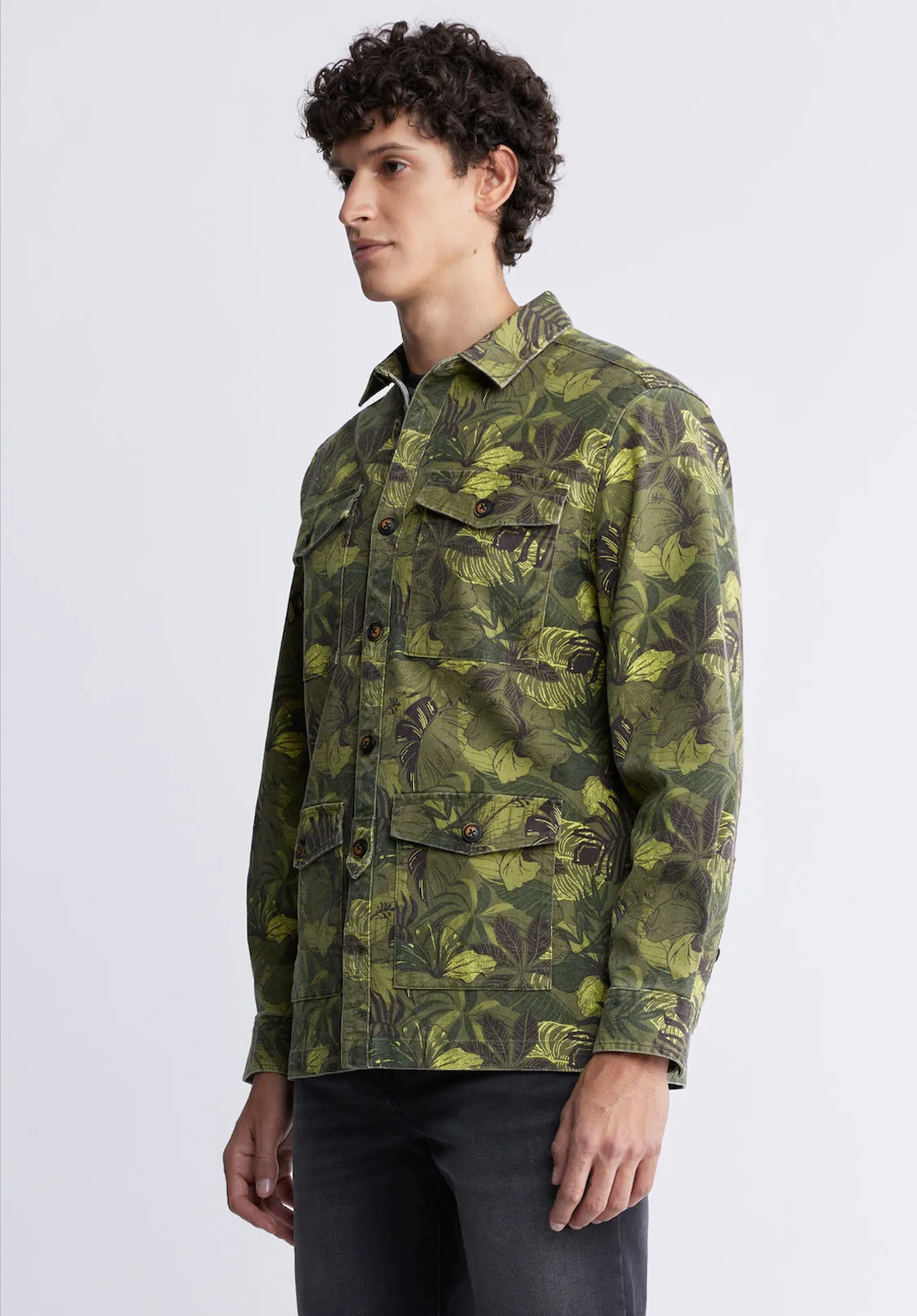 Jicama Men's Shacket in Sphagnum Green Print - BM24340