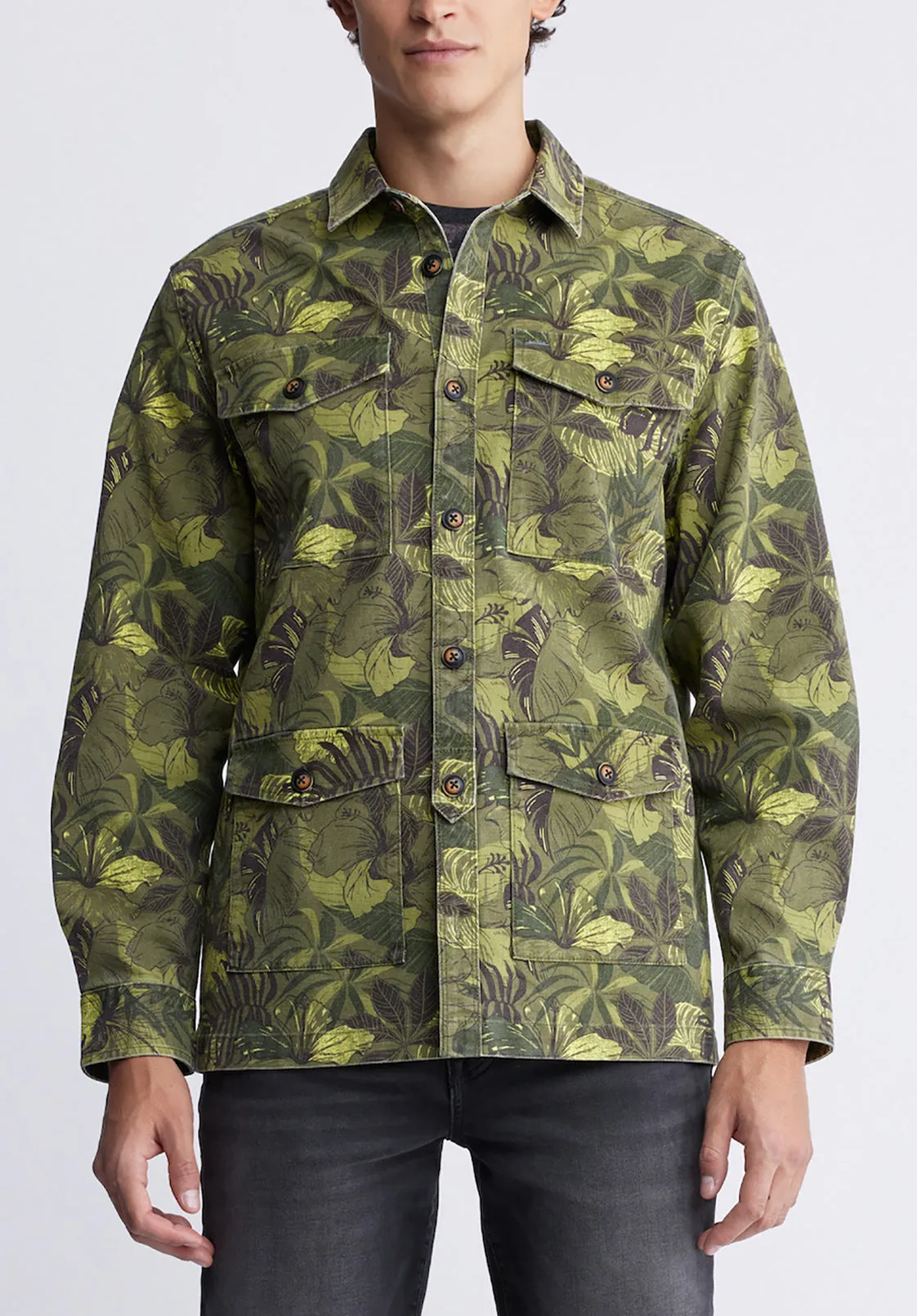 Jicama Men's Shacket in Sphagnum Green Print - BM24340