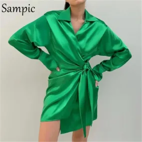 Joskaa hoco dresses Christmas Gift Sampic Fashion Sexy Stain Women Bodycon Blouse Dress Long Sleeve Autumn 2024 Casual V Neck Green Mini Wrap Dress Office Ladies