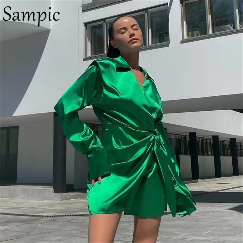 Joskaa hoco dresses Christmas Gift Sampic Fashion Sexy Stain Women Bodycon Blouse Dress Long Sleeve Autumn 2024 Casual V Neck Green Mini Wrap Dress Office Ladies