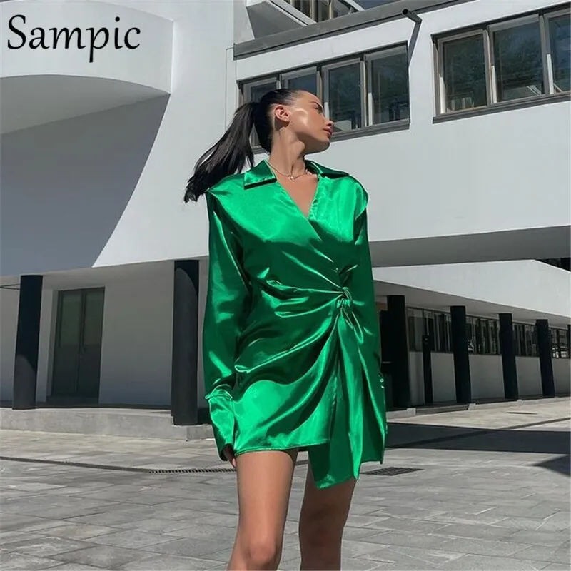Joskaa hoco dresses Christmas Gift Sampic Fashion Sexy Stain Women Bodycon Blouse Dress Long Sleeve Autumn 2024 Casual V Neck Green Mini Wrap Dress Office Ladies