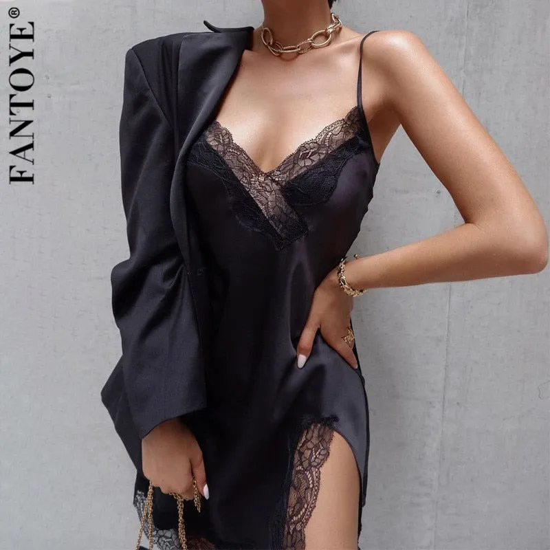Joskaa hoco dresses Lace Mini Dress Spaghetti Strap Backless Party Bodycon Dress 2020 Summer V-Neck Satin Night Dress Homewear Dress Pajamas