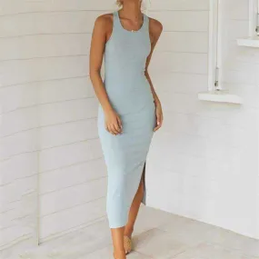 Knitted Bodycon Split Sleeveless O Neck Solid Long Dress