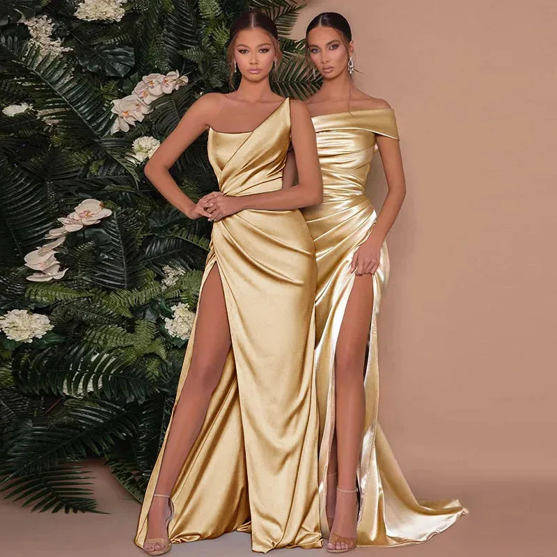 Laxsesu Women Bodycon Stain Dresses Evening Wedding Split One Shoulder Folds Sleeveless Sexy Elegant Night Clubwear Party Dress