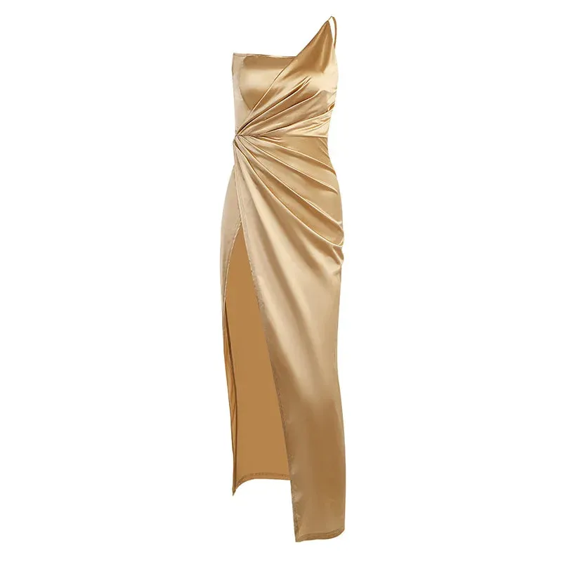 Laxsesu Women Bodycon Stain Dresses Evening Wedding Split One Shoulder Folds Sleeveless Sexy Elegant Night Clubwear Party Dress