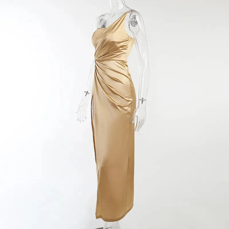 Laxsesu Women Bodycon Stain Dresses Evening Wedding Split One Shoulder Folds Sleeveless Sexy Elegant Night Clubwear Party Dress