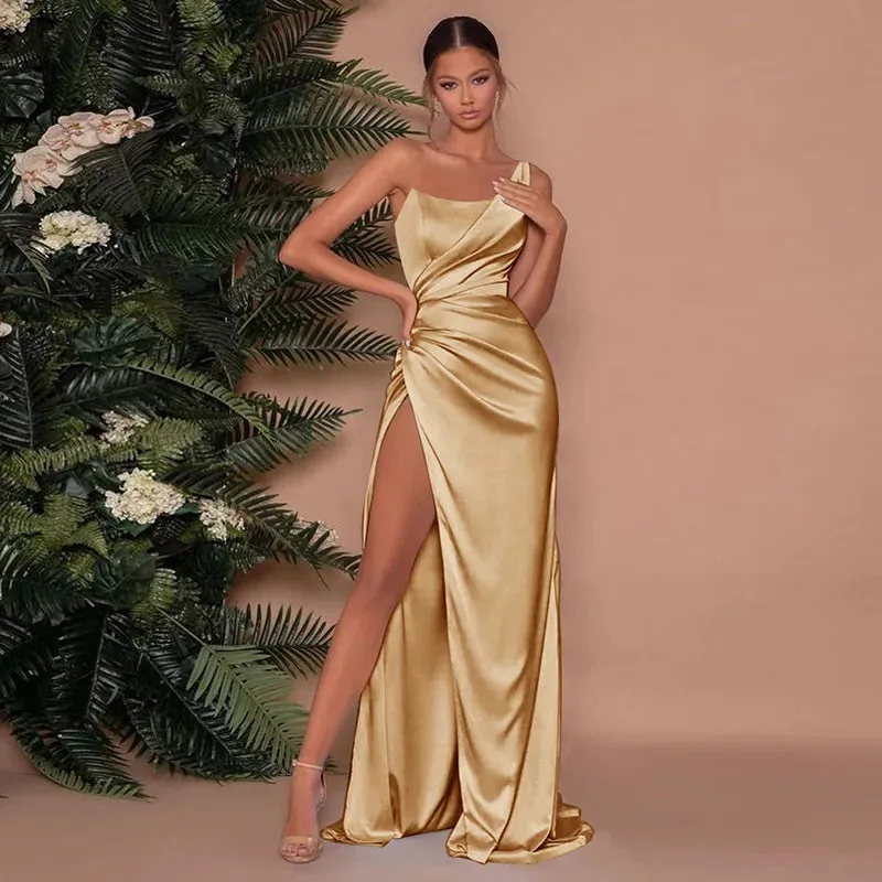 Laxsesu Women Bodycon Stain Dresses Evening Wedding Split One Shoulder Folds Sleeveless Sexy Elegant Night Clubwear Party Dress