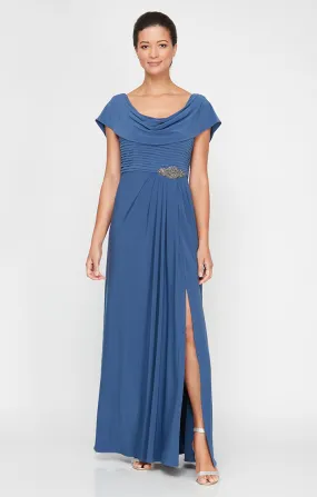 Long Cowl Neck A-Line Matte Jersey Dress with Pleated Bodice Detail, Cowl Back, and Embellishment Detail at Waist