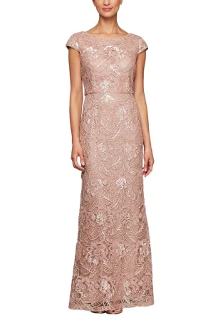 Long Embroidered Gown with Cap Sleeves & Sequin Detail