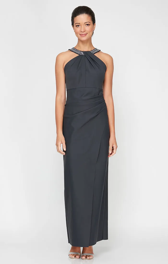 Long Halter Neck Column Dress With Embellishment at Neck and Overlay Skirt