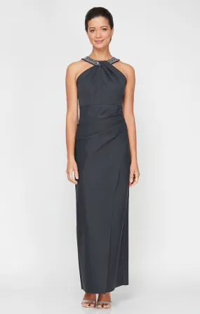 Long Halter Neck Column Dress With Embellishment at Neck and Overlay Skirt