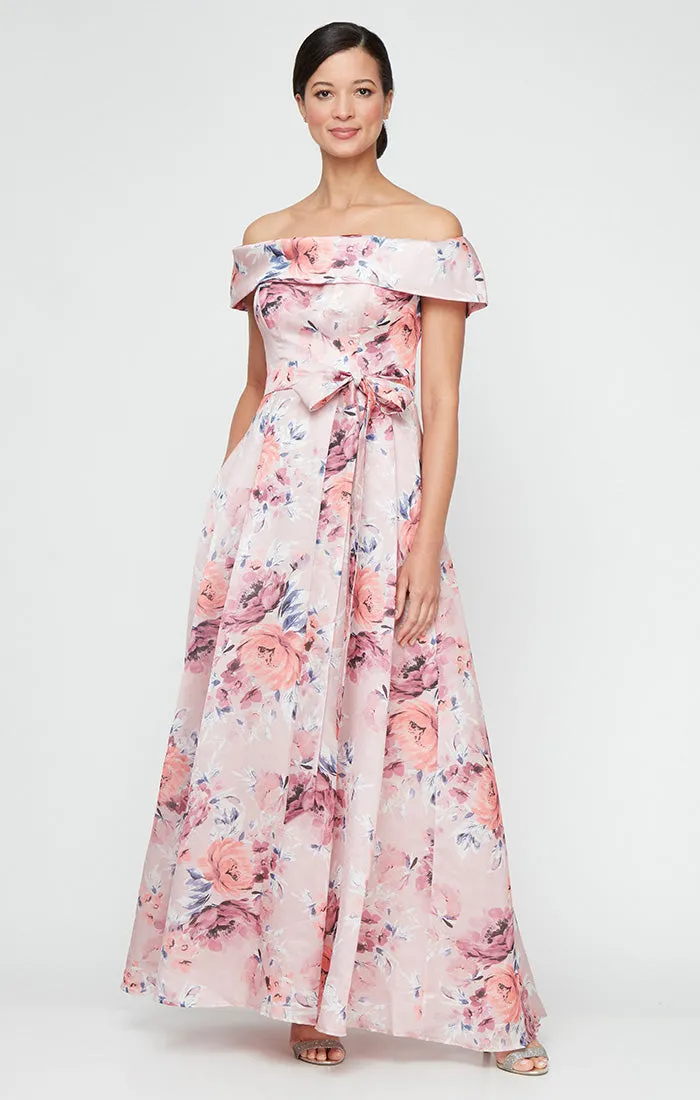 Long Printed Shimmer Organza Off the Shoulder Dress with Tie Belt