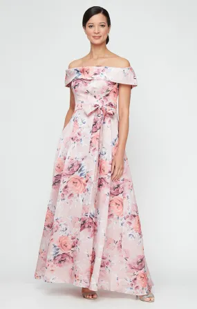 Long Printed Shimmer Organza Off the Shoulder Dress with Tie Belt
