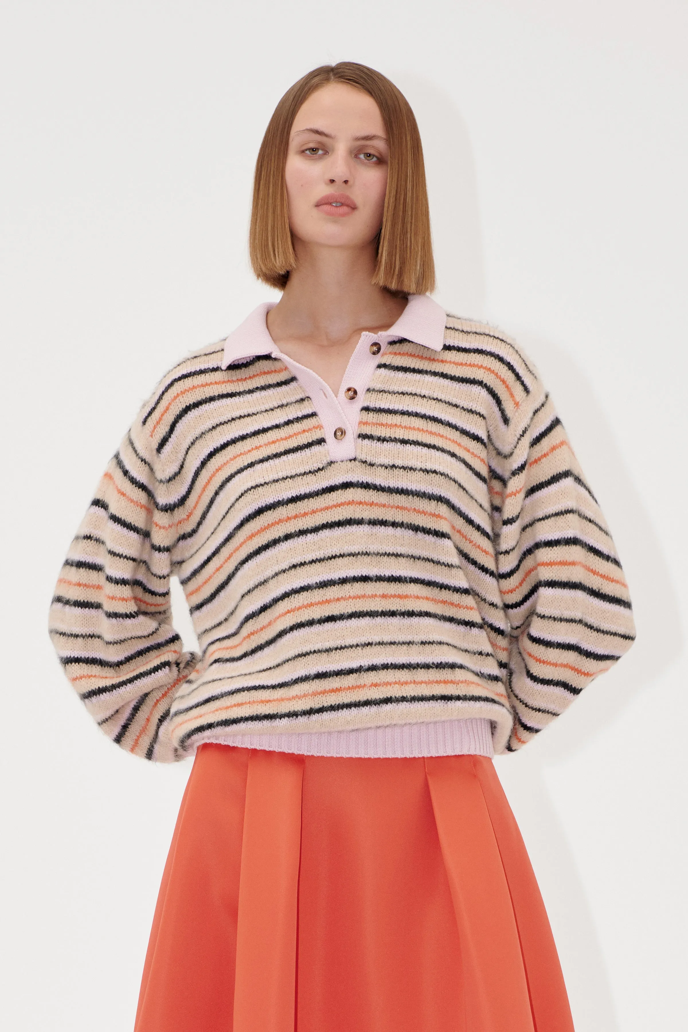 Long Sleeve Knit Polo - Alpaca Cream Stripes