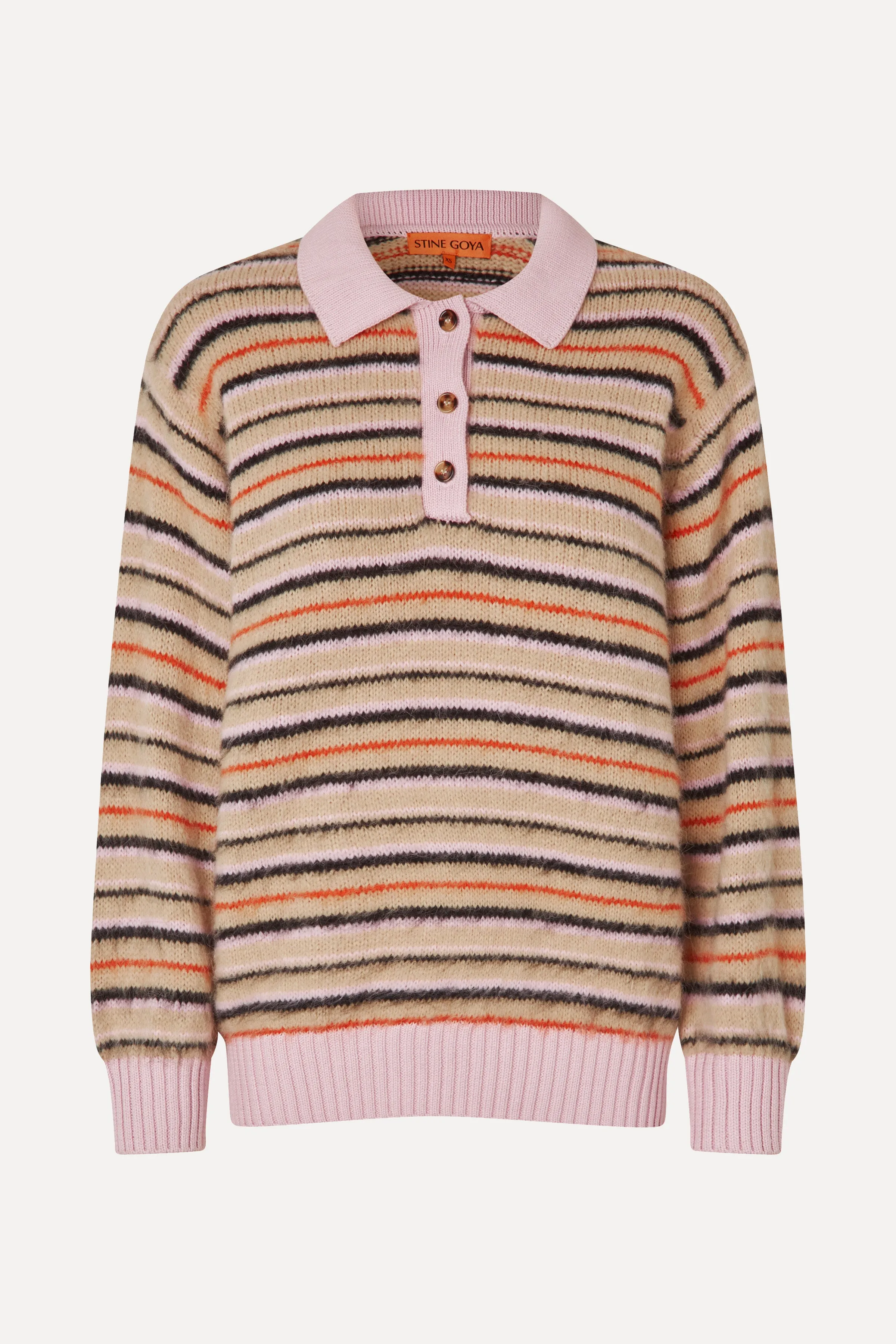 Long Sleeve Knit Polo - Alpaca Cream Stripes