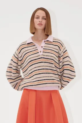 Long Sleeve Knit Polo - Alpaca Cream Stripes