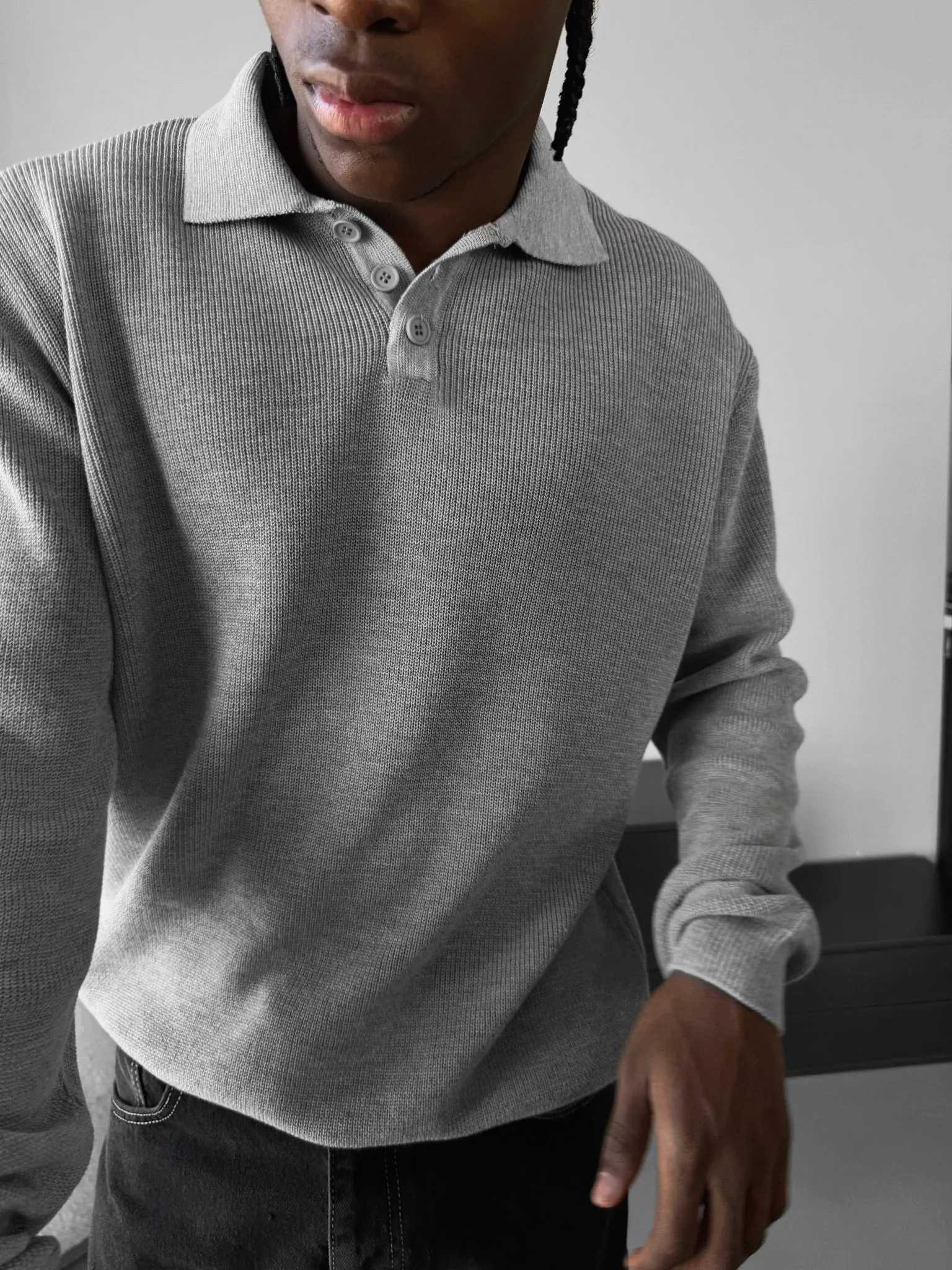 Loose Fit Knit Polo Sweater - Grey