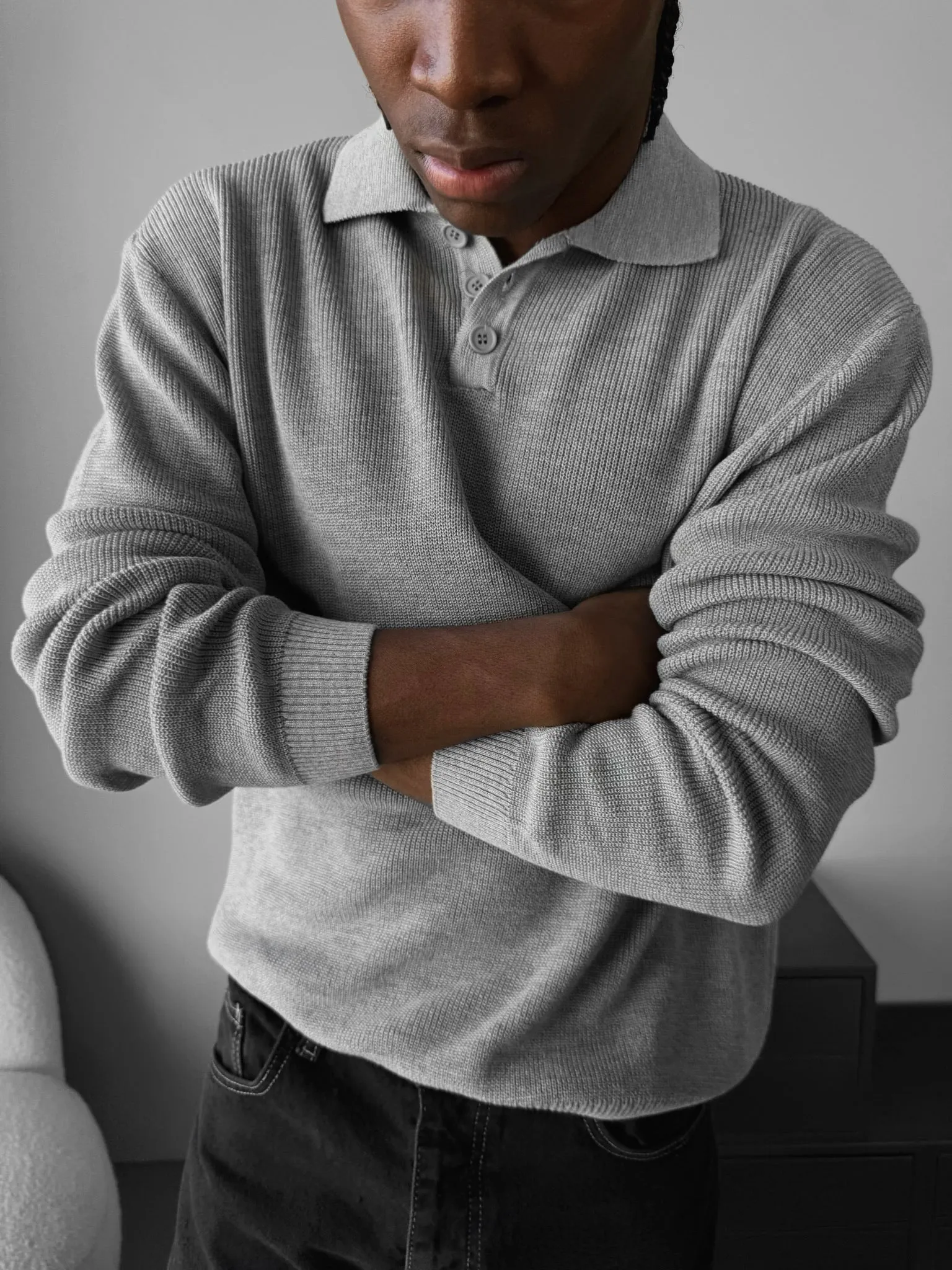 Loose Fit Knit Polo Sweater - Grey