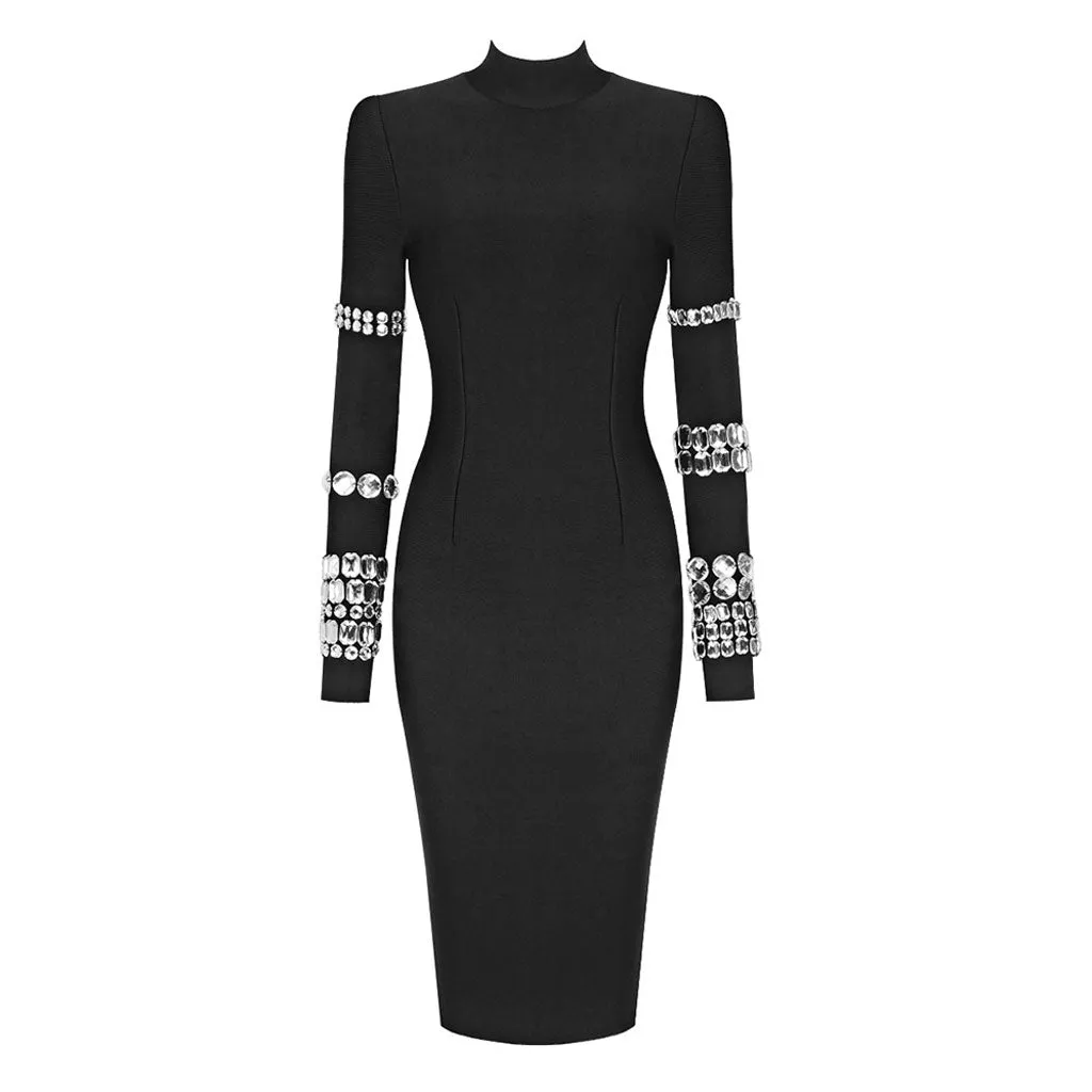 Luxury High Neck Long Sleeve Crystal Bodycon Bandage Midi Cocktail Dress