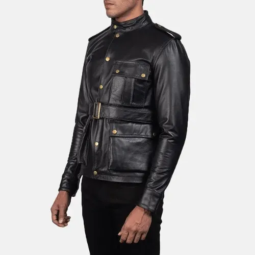 Mens Black Cow Leather Coat with Golden Brass Buttons