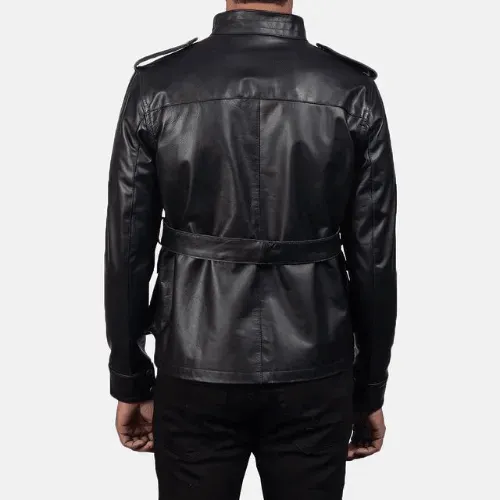 Mens Black Cow Leather Coat with Golden Brass Buttons