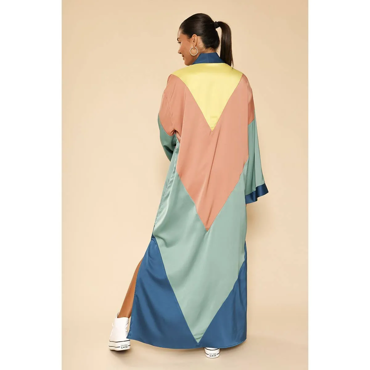 Miss Sparkling Chevron Kimono Big Long Textured Satin Duster | Light Jacket, Outdoor Robe, Swimsuit Coverup | Sizes SM-XL