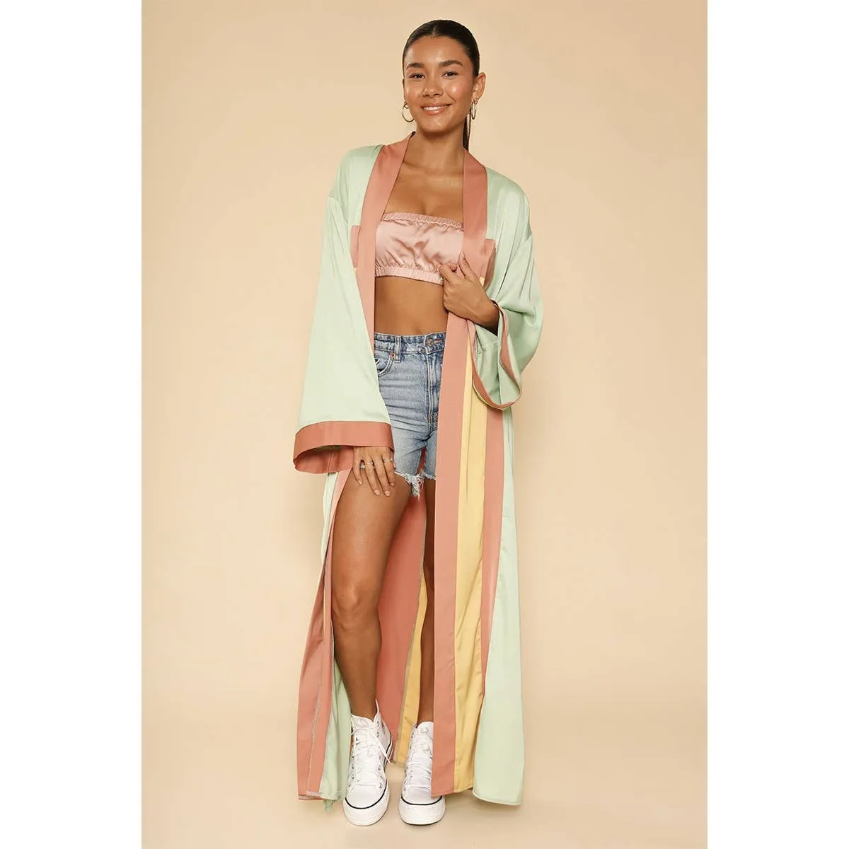 Miss Sparkling Retro Arch Kimono Big Long Textured Satin Duster | Light Jacket, Outdoor Robe, Swimsuit Coverup | Sizes SM-XL