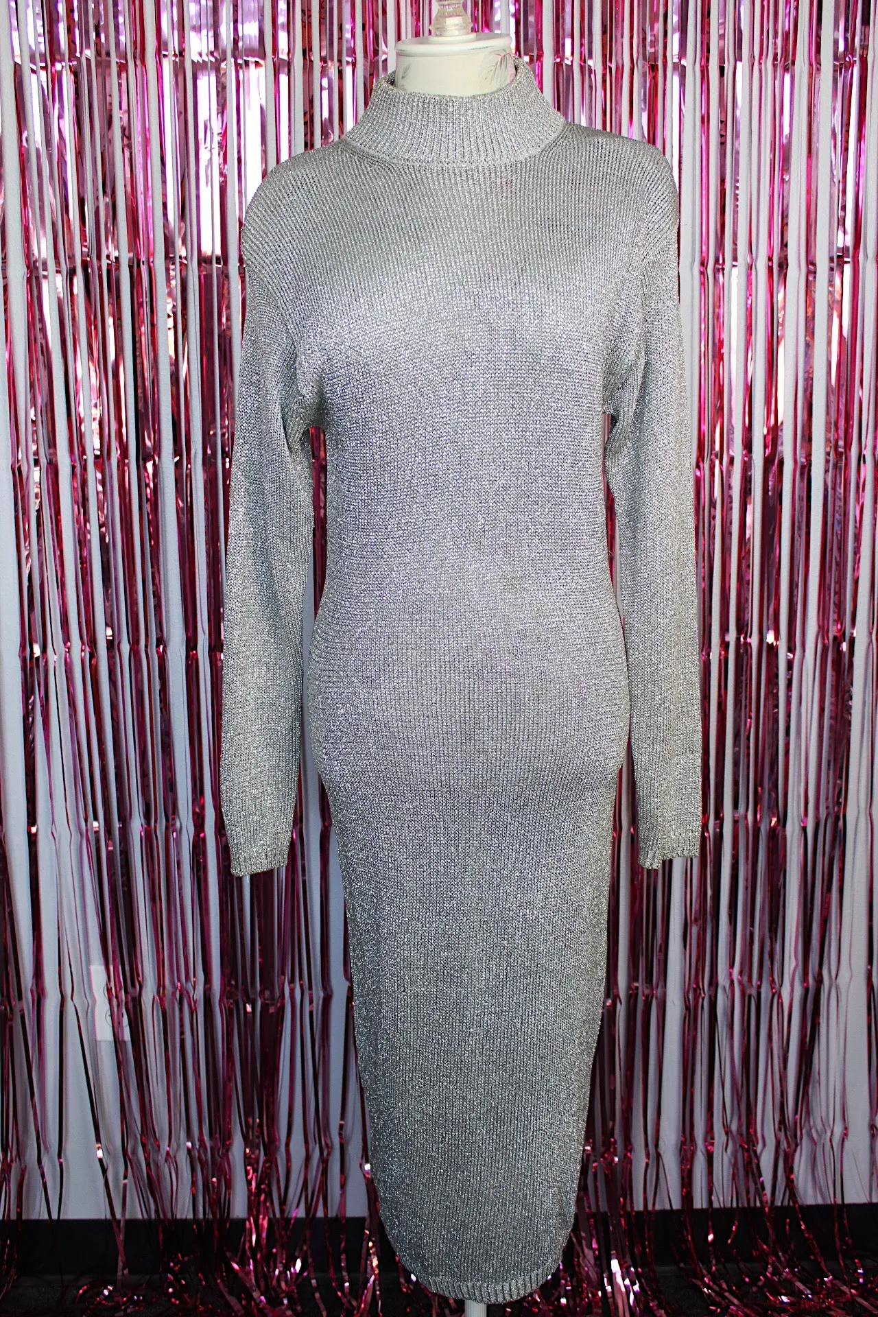 Mock Neck Silver Metallic Bodycon Dress