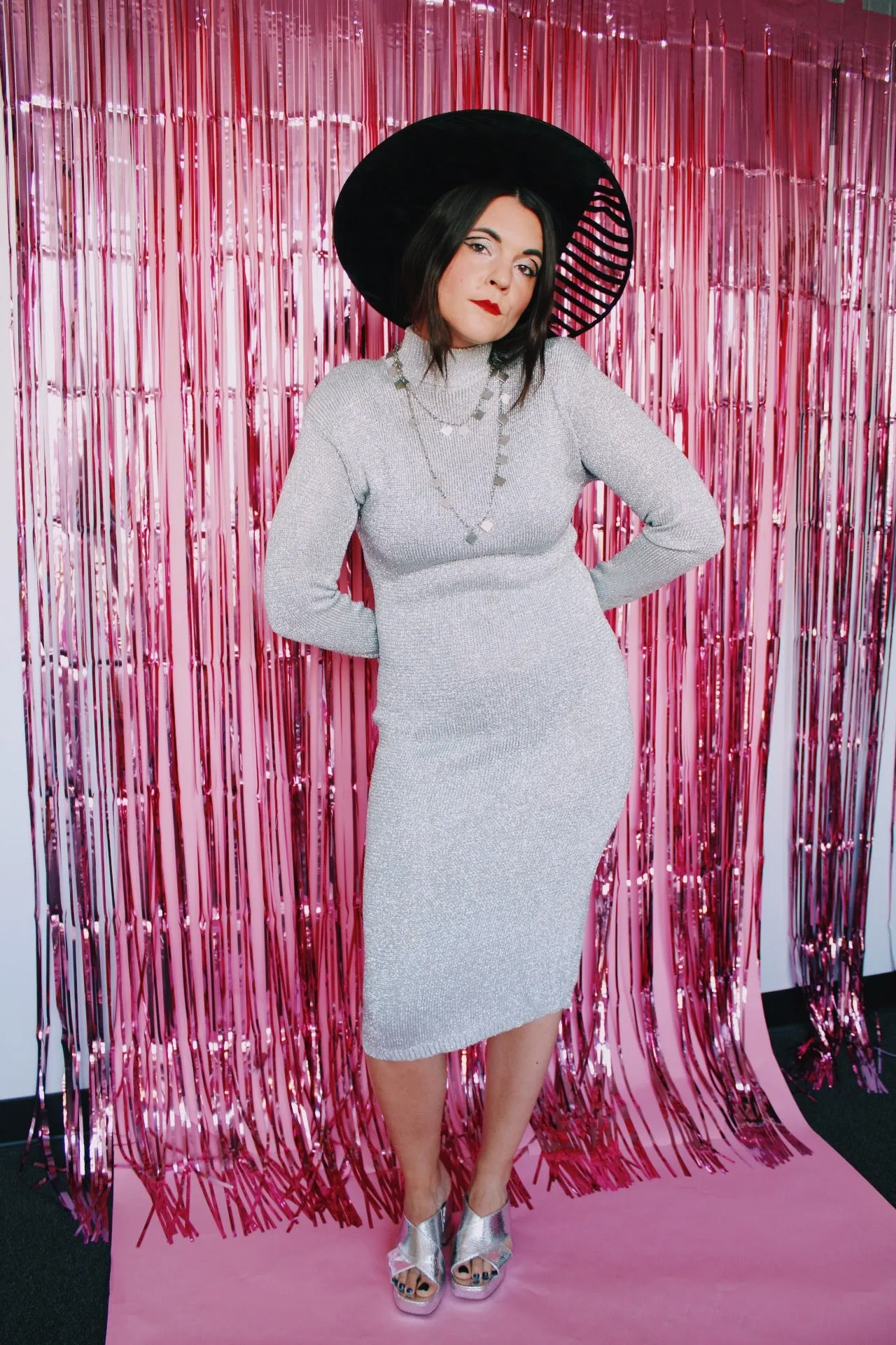 Mock Neck Silver Metallic Bodycon Dress