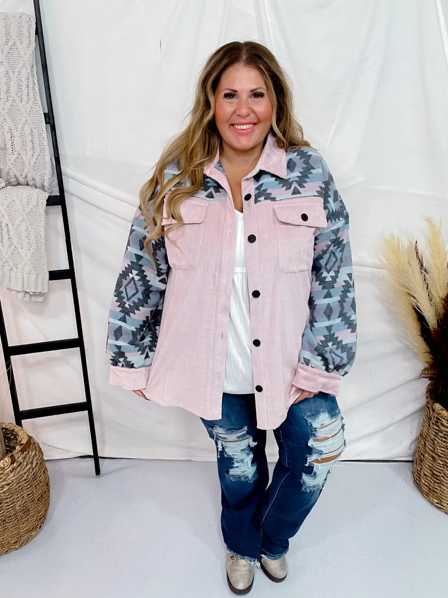 Pink Aztec Button Down Shacket