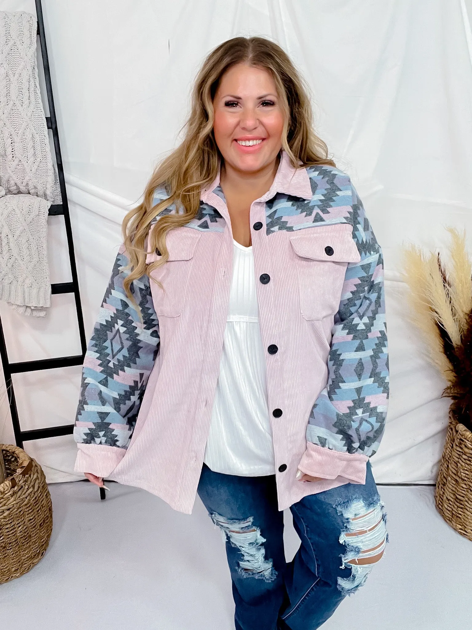 Pink Aztec Button Down Shacket