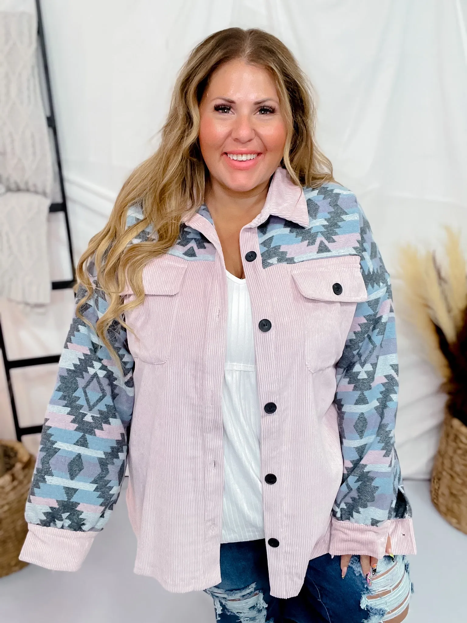 Pink Aztec Button Down Shacket