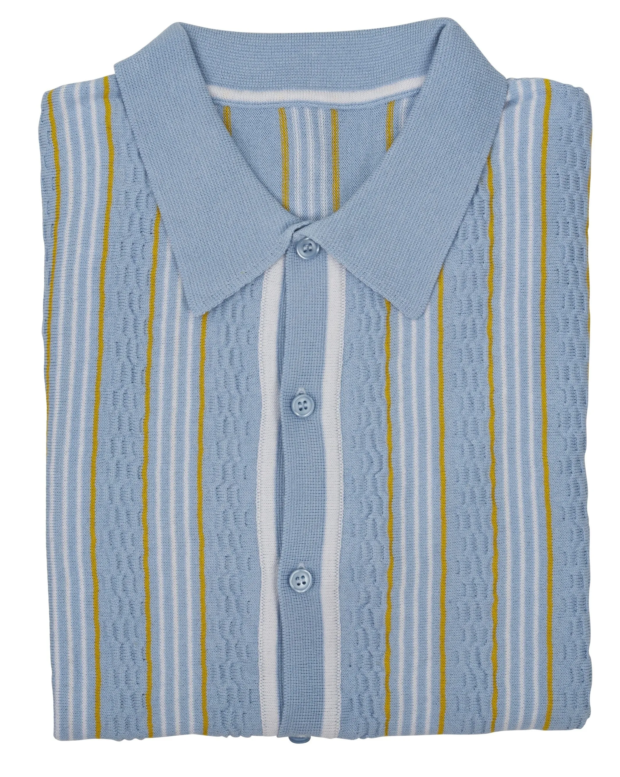 Relco Mens Sky Blue Retro Textured Striped Knitted Polo Cardigan