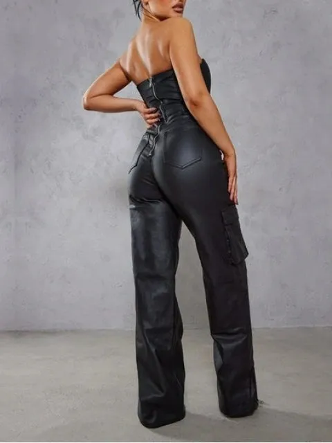 Sexy Faux Leather Strapless Cargo Jumpsuit Catsuit
