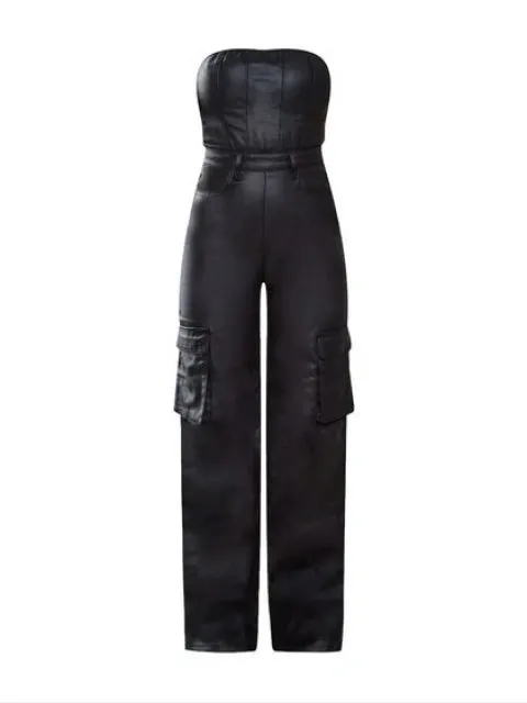 Sexy Faux Leather Strapless Cargo Jumpsuit Catsuit