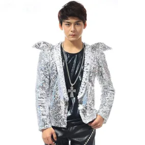 Silvery Sequins Slim Fit With Shoulder Decoration Men Jacket for Show or Stage Performance