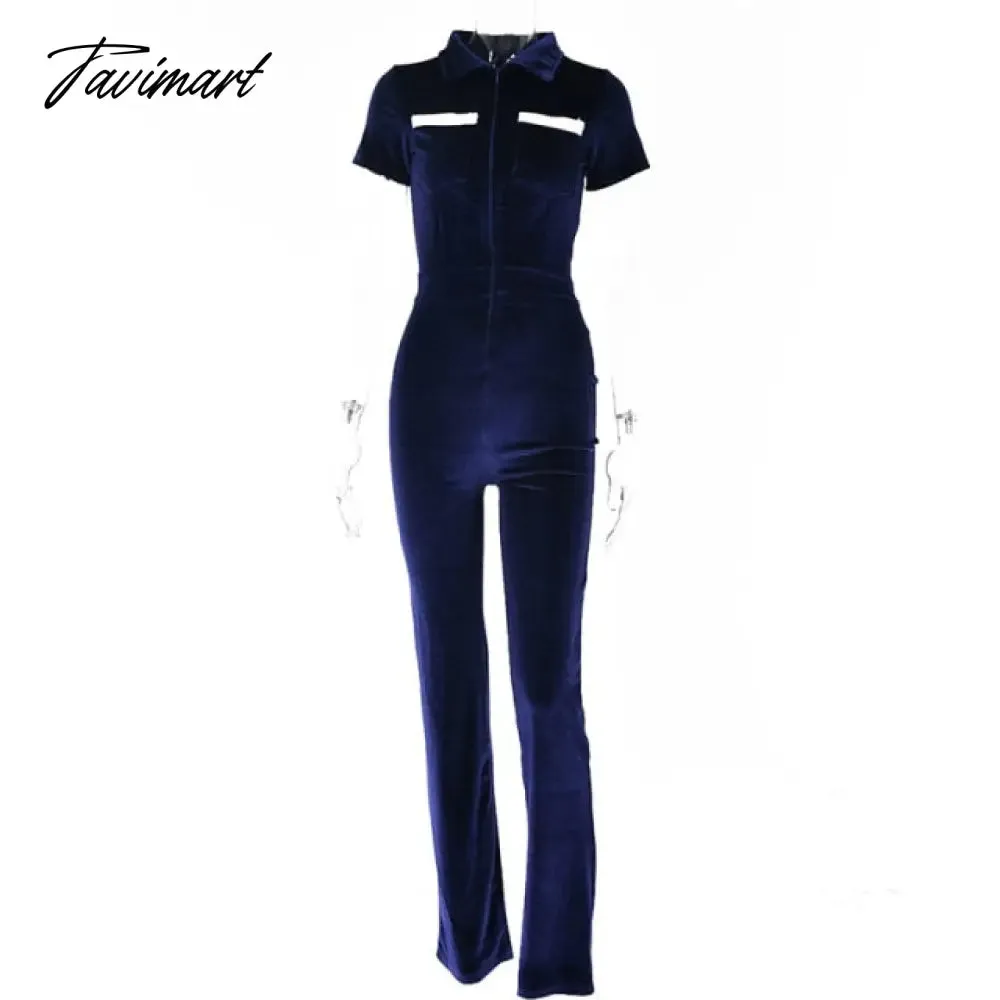 Tavimart Green Zipper Velvet Jumpsuits For Women Sexy Short Sleeve Wide Legs Jumpsuit Autumn Femme Turn-down Collar Outfits