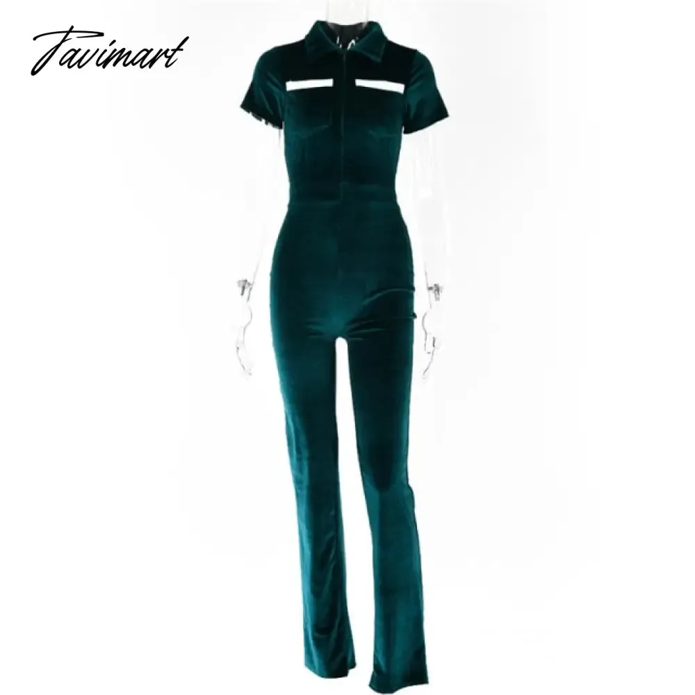 Tavimart Green Zipper Velvet Jumpsuits For Women Sexy Short Sleeve Wide Legs Jumpsuit Autumn Femme Turn-down Collar Outfits