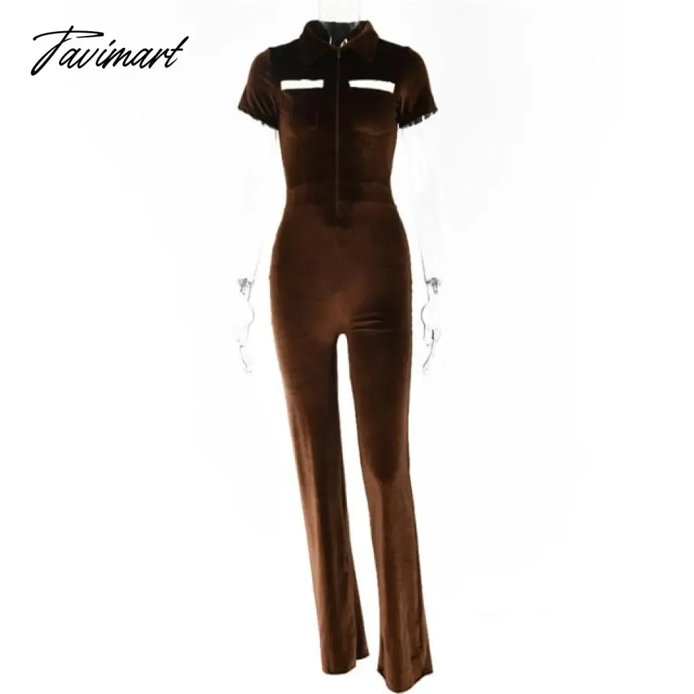 Tavimart Green Zipper Velvet Jumpsuits For Women Sexy Short Sleeve Wide Legs Jumpsuit Autumn Femme Turn-down Collar Outfits