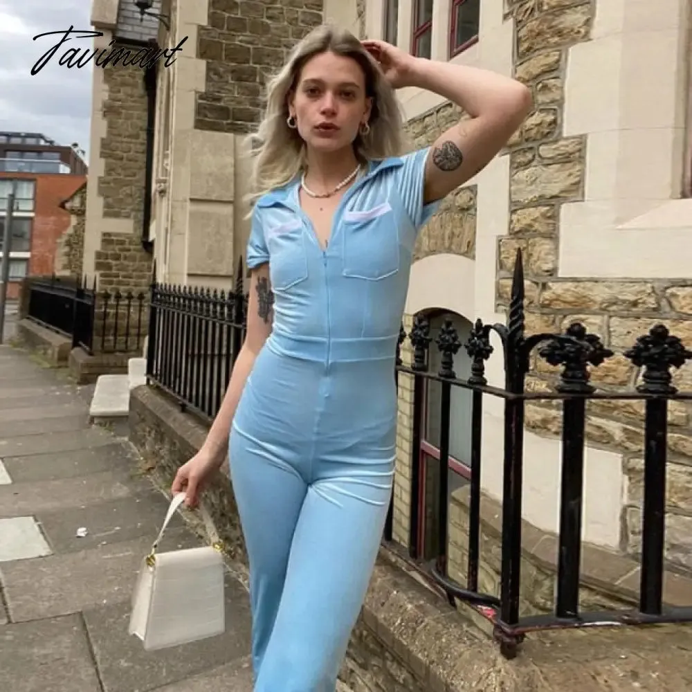 Tavimart Green Zipper Velvet Jumpsuits For Women Sexy Short Sleeve Wide Legs Jumpsuit Autumn Femme Turn-down Collar Outfits