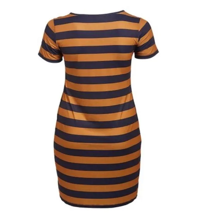 V-Neck Brown Navy Stripe Bodycon Dress