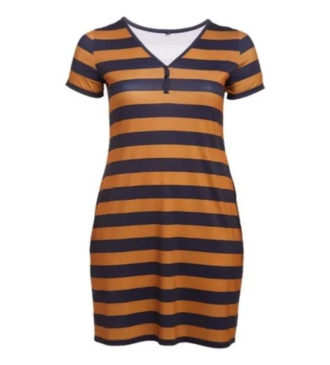 V-Neck Brown Navy Stripe Bodycon Dress